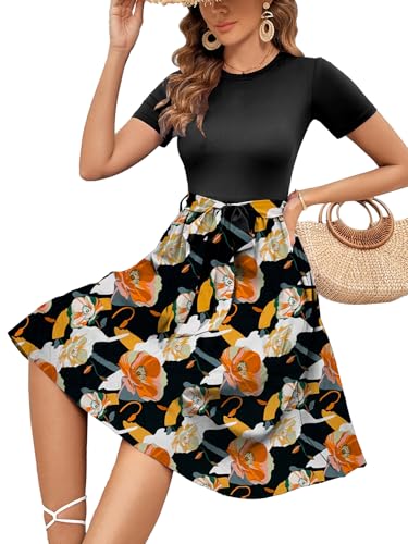 Image of Women's Elegant Vintage Round Neck Short Sleeve Summer Casual Work Party A-Line Dress with Belt 809