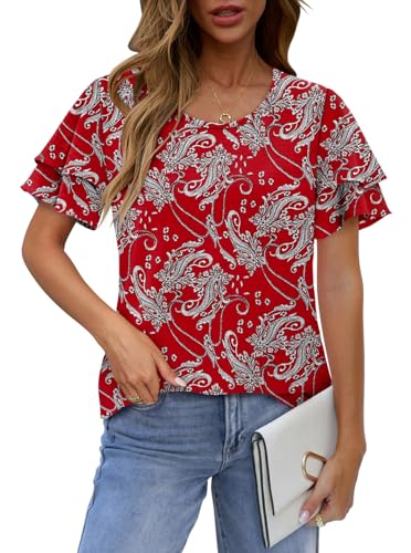 CRAZY GRID Women's Shirts Summer Casual Crewneck Ruffle Short Sleeve Blouses Cute Floral Print Tunic Tops