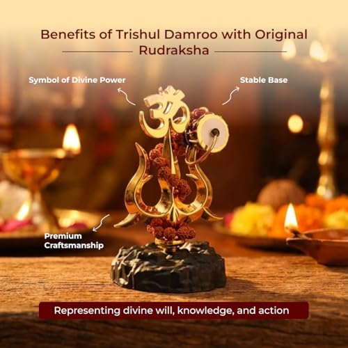 Image of Divine Hindu Trishul Damroo Idol with Original Rudraksha | Small Murti for Car Dashboard, Home Decor, Office Table, Pooja | Spiritual Gift Item | 10.8cm