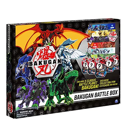 Bakugan Battle Box Pack Gift Set with 5 Battle Planet Bakugan Collectable Figures - 5 Character Cards, 10 BakuCores, Exclusive Bakugan Swag, 6 Faction Stickers, 1 Logo Pin, 1 Collector Poster