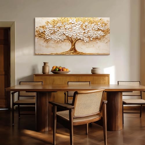 crmotu Tree of Life Wall Art, White Gold Tree Extra Large Canvas Paintings, Nature Landscape Abstract Art Prints, Modern Aesthetic Pictures Wall Decor Living Room Office Ready to Hang 30x60 Inch