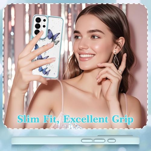 Image of VONZEE for Samsung Galaxy S26 Ultra Clear Glitter Butterfly Case, Cute Bling Sparkle Shiny Soft Silicone TPU Bumper Shockproof Women Girls Slim Protective Phone Cover, Mint