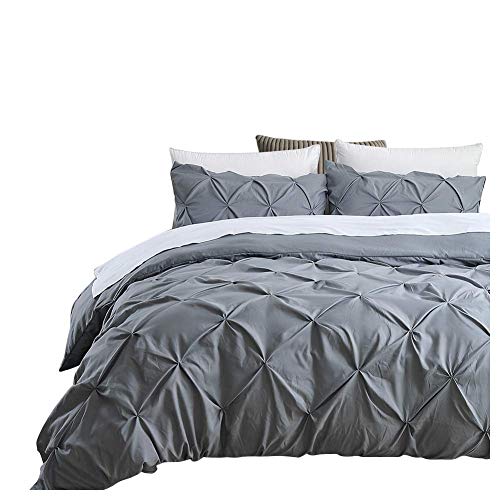 slashome Duvet Cover Queen, 3Pcs Pinch Pleat Luxurious Decorative Softest Grey Brushed Microfiber Bedding Set with Zipper Closure and Corner Ties