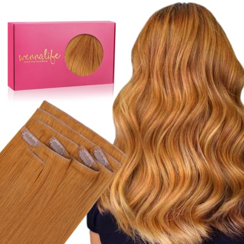 Image of WENNALIFE Invisible Edge Seamless Clip in Hair Extensions Real Human Hair | 16'' 111g 7pcs Auburn Ginger. Ultra-Thin PU Weft, Easy, Comfortable Clip in Luxury Remy Hair Extensions