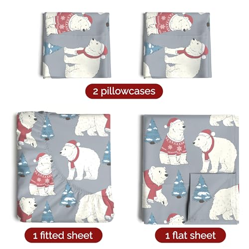 Queen Christmas Santa Bears Sheet Set - Holiday Xmas Pattern Bedding Set - Deep Pockets - Snug Fit - 4 Piece - Wrinkle Free - Cozy Cooling Festive Winter - Holiday Sheets for Women, Men, Kids & Teens