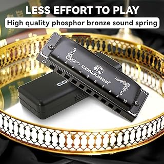 CONJURER Blues Harmonica for Beginners Adult Professional 10 Hole Diatonic Harmonica in D Key Phosphor Bronze Reeds Mouth Organ Metal with Case, Key of D Matte Black – Image 5