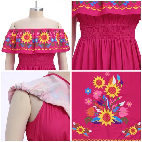 Image of ABEHIK Mexican Dresses for Women Traditional Off Shoulder Summer Floral Sunflower Fiesta Long Maxi Dress Cinco de Mayo Outfit