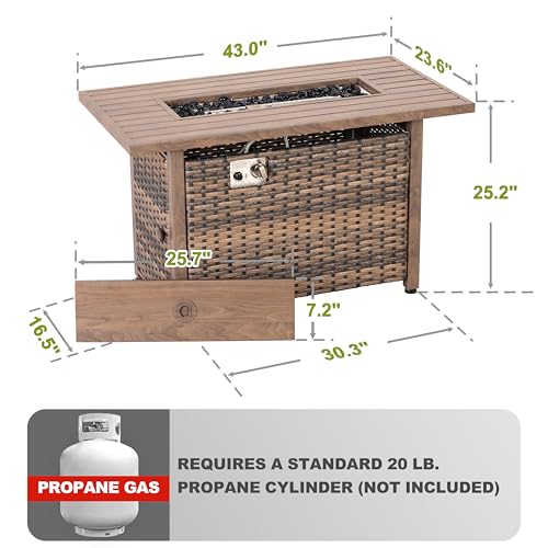 Image of NUU GARDEN 43 inch Propane Fire Pit Table, 50,000 BTU CSA-Listed Outdoor Gas Fire Pit with Rattan Frame, Lid and Glass Beads for Backyard, Deck and Garden, Brown
