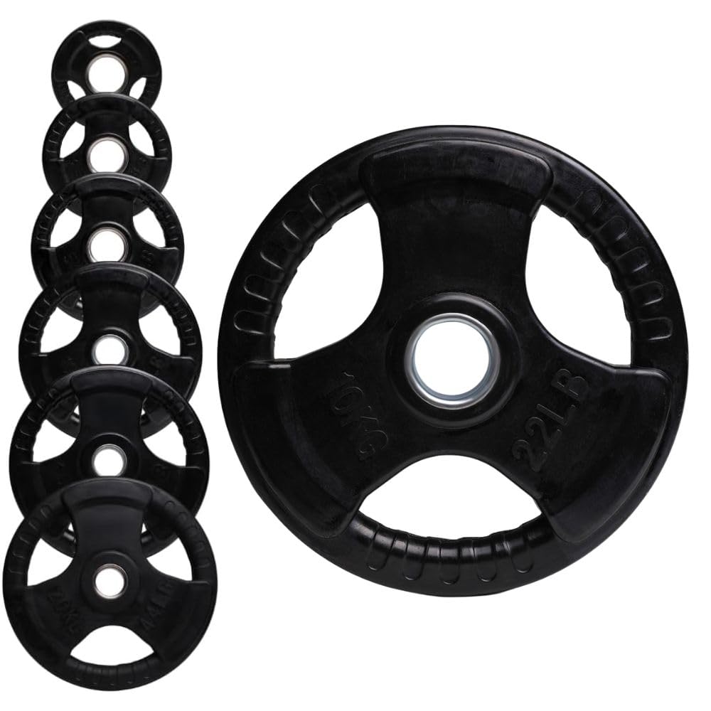 Olympic Weight Plate Tri Grip Disc Rubber Coated Cast Iron Weights Plate Set Solid Lifting Plates 3 Handles Portable Vinyl for Deadlift Barbell Dumbbell Bars Strength Training Home Gym Fitness Workout