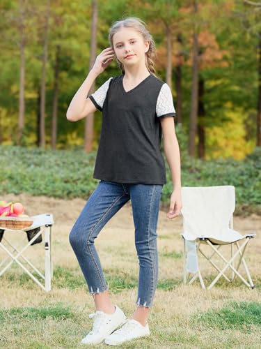 Image of GORLYA Girls Lace Sheer Sleeve Contrast T-Shirt Short Sleeve V Neck Casual Modest Tee Tops for 6-16Y