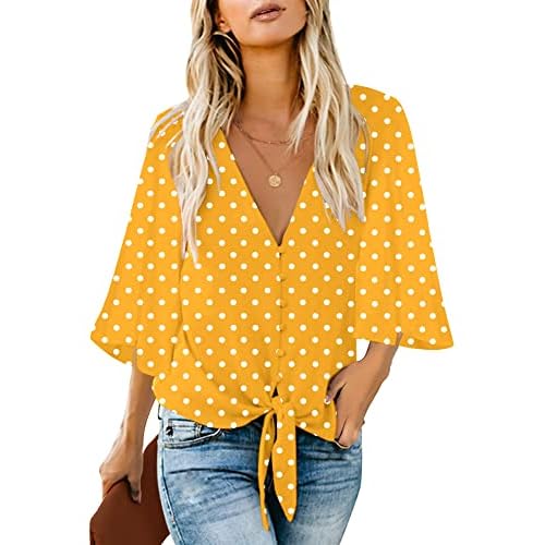 luvamia Women's V Neck Tops 3/4 Sleeve Tie Knot Floral Blouses Button Down Shirts Medium Yellow