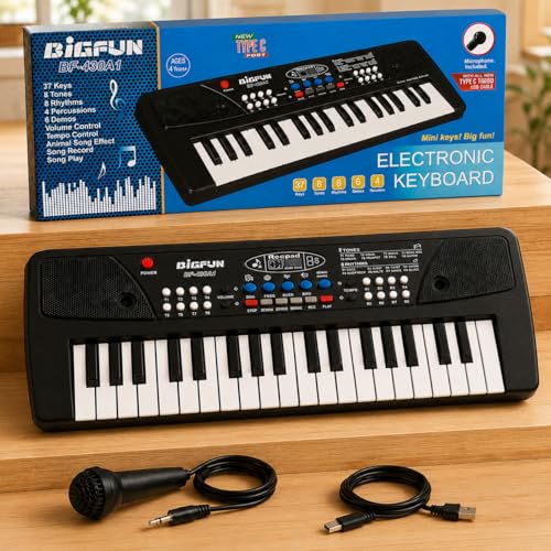 Image of BigFun Kids Piano Keyboard with Mic (1 Year Warranty) | 37 Keys, 8 Rhythms, 8 Tones & 6 Demo Songs | Electronic Musical Toy for Boys & Girls Age 2-9 | Educational & Recording Musical Toy