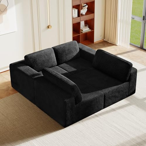 Image of Vesgantti 159 inch Modular Sectional Sofa, Corduroy Cloud Couch with Extra Deep Seats & Spring Support, Flexible Layout 4-Seater Boneless Couch, No Assembly Required, Black