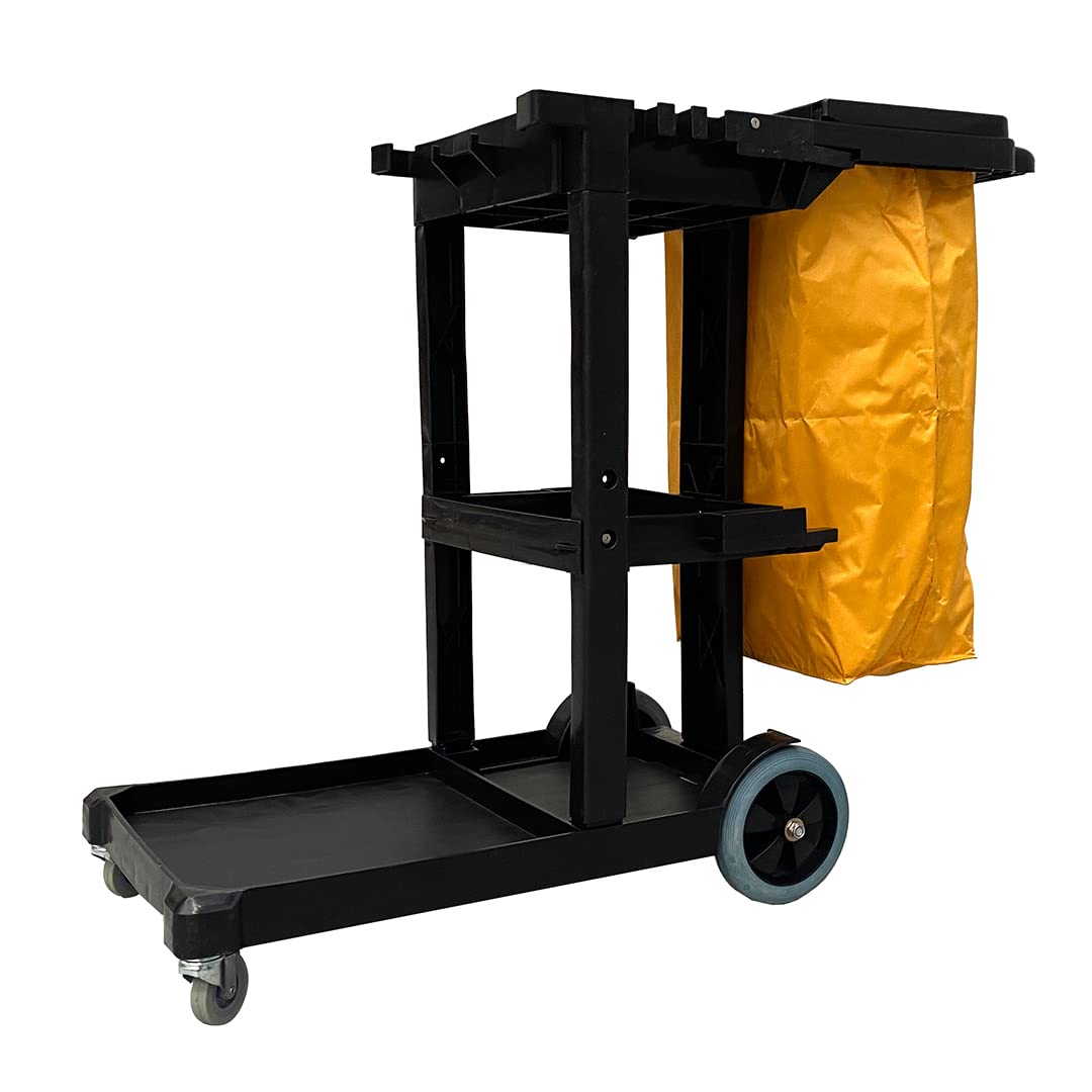 Pegasus Cleaning | Black Plastic Janitors Cleaning Commercial Trolley with Cover and Trays | Heavy Duty
