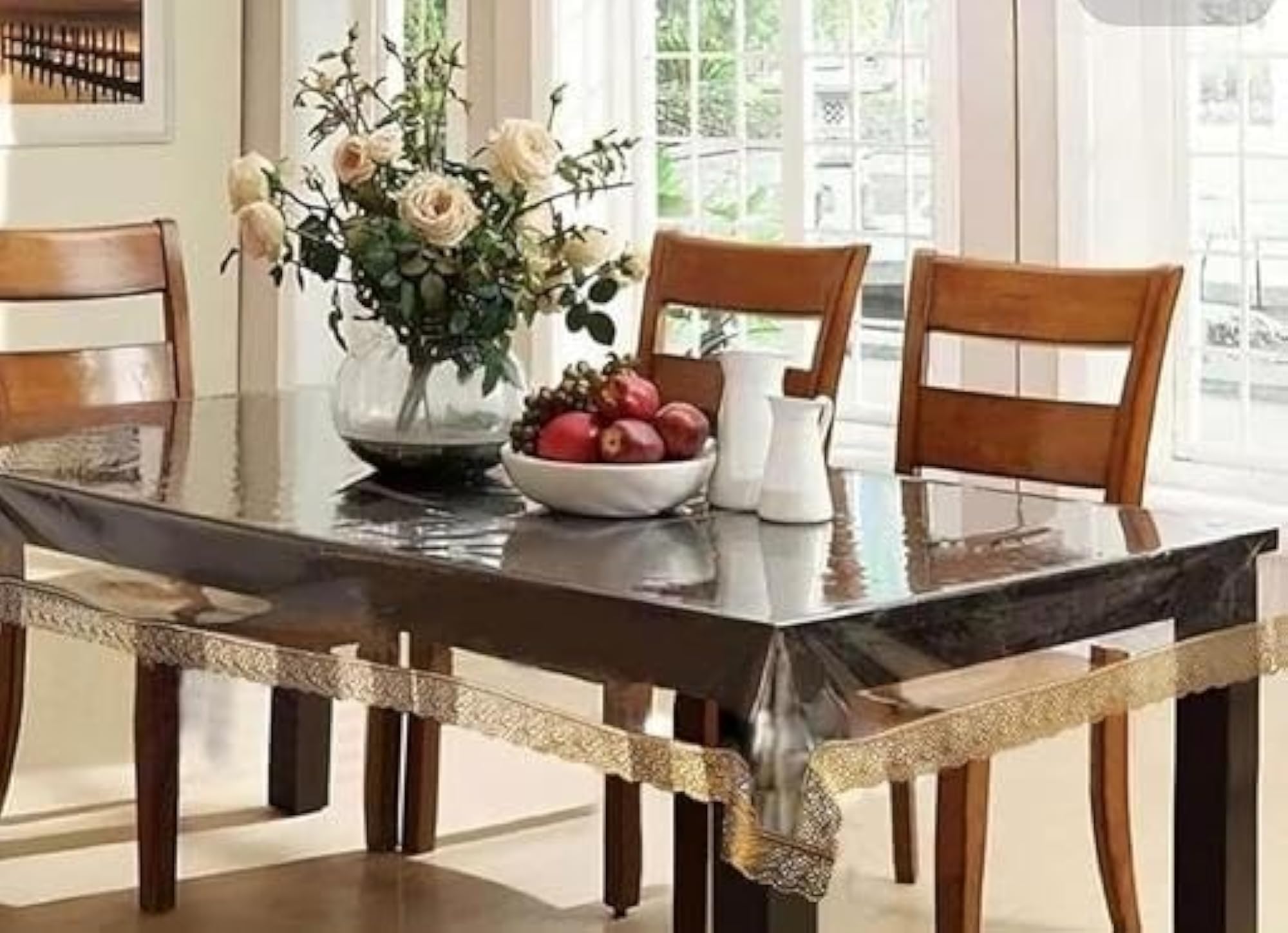 Transparent PVC Dining Table Cover with Golden Lace