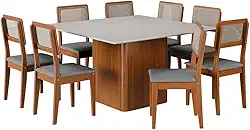 Conjunto Sala de Jantar Mesa Quadrada Montevideo 1,36m C/ 8 Cadeiras Santiago Madeirado/Cinza Dobuê