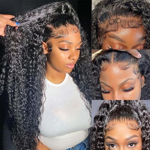 Image of JTMMP 13x6 Deep Wave Lace Front Wigs Human Hair for Women 200% Density Deep Curly Human Hair Wig 22 Inch HD Lace Frontal Wigs Pre Plucked Natural Black Color