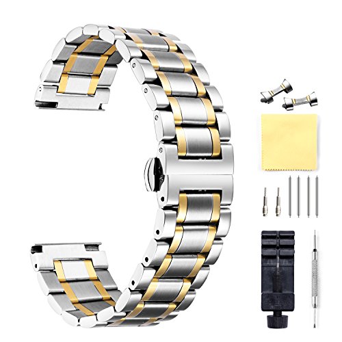 Stainless Steel Watch Bands with Straight & Curved End 5 Color(Gold, Sliver, Black, Rose Gold, Gold-Silver Two Tone) 9 Size(12mm to 24mm)