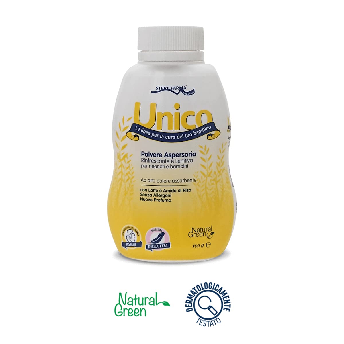 Unico Polvere Aspersoria - PER RINFRESCARE ED ASCIUGARE LA PELLE DEL BAMBINO DOPO IL BAGNETTO - Rinfrescante e lenitiva, con Latte ed Amido di Riso. 150G
