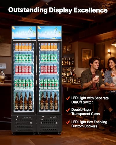 Image of VEVOR Commercial Merchandiser Refrigerator, 7.5 Cu.Ft / 213 L Glass Door Display Refrigerator, Upright Beverage Cooler with Customizable Lightbox, 4 Adjustable Shelves & Soft LED Light for Homes Shops