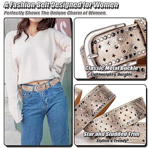 Ladies Fashion Waist Belt with Rivets Trim, Cowhide & PU Leather Belt for Women, Shiny Studded Belt for Jeans Shorts2