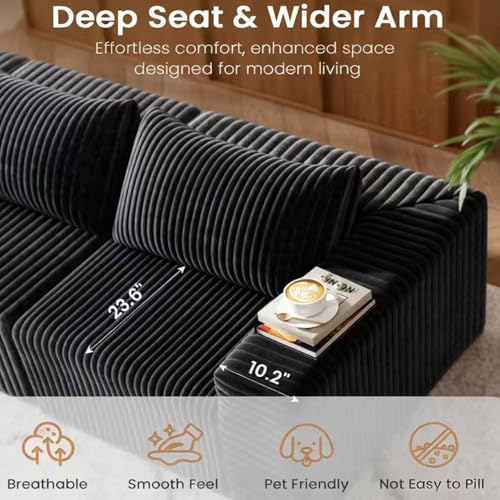 110” No Assembly Compression Boneless Sofa Couches for Living Room, L-Shape Sleeper Sofa 4 Seaters, Modern Corduroy Modular Sectional Sofa Comfy Fluffy Couches for Bedroom Apartments, Charcoal Grey - Thumbnail 5