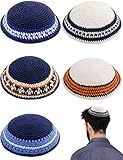 HolYudaica Pack of 5-Pcs - Hq Mix Colors Handmade Knitted Kippah for Men Boys and Kids, Yamaka Hat from Israel - Kippot Bulk (Mix Lines, 17CM Flat)