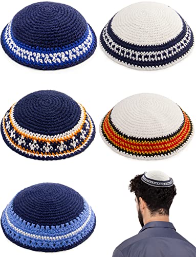 HolYudaica Pack of 5-Pcs - Hq Mix Colors Handmade Knitted Kippah for Men Boys and Kids, Yamaka Hat from Israel - Kippot Bulk (Mix Lines, 17CM Flat)
