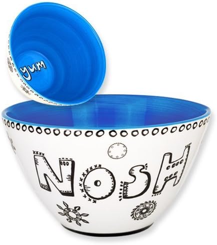 Ceramic Nosh Bowl Candy Server 7" Fun Snack Serving Dish with Playful 'Yum' Interior Design, Blue and White Hand-Painted Glaze Goodies Plate Party Serving Bowl for Snacks