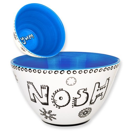 Aviv Judaica Ceramic Nosh Bowl Candy Server 7" Fun Snack Serving Dish with Playful 'Yum' Interior Design, Blue and White Hand-Painted Glaze Goodies Plate Party Serving Bowl for Snacks