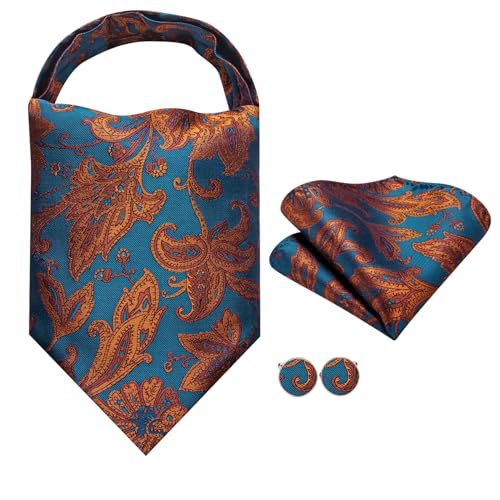 Image of Hi-Tie Silk Ascot for Men Self Tie Men's Cravat and Flower Lapel Pin Handkerchief Cufflinks Set for Wedding Party