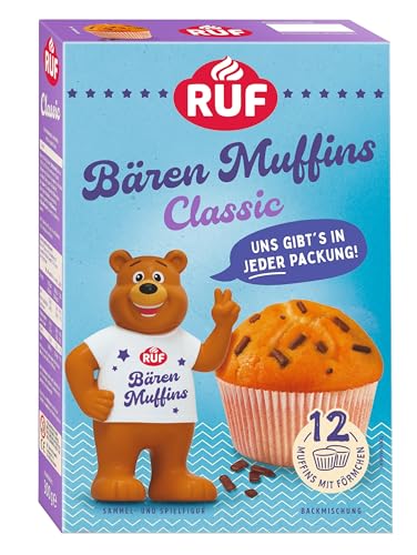 RUF Bärchen Muffins Classic Backmischung für 12 fluffige Muffins mit Schoko Flocken inkl. Bären Sammelfigur und Muffinförmchen ideal für Kinder Familien & Geburtstage
