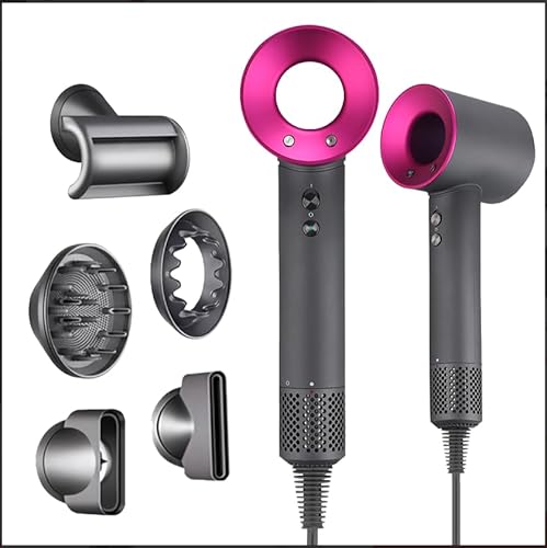 Secador de pelo 5 en 1 profesional Super Hair Dryer de nueva generación 1600W Secado rápido y constante Frío/Calor 3 velocidades Alta potencia para uso Doméstico y de Viaje (Versión Completa) (Fucsia)