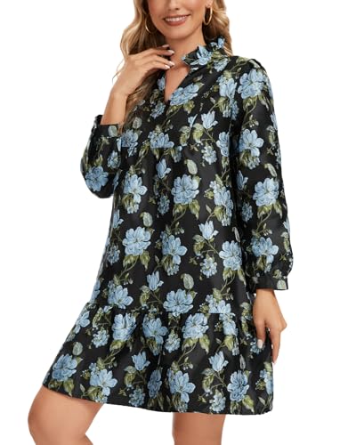 Women Jacquard Mini Dress Long Sleeve Ruffle V Neck Tiered Tunic Shift Floral Party Short Dresses3