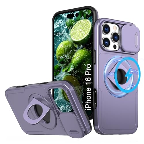 Image of LuxuryKase MagSafe Shockproof Rugged Back Case for iPhone 16 Pro | Finger Ring Kickstand & Sliding Camera Cover | Military Drop Protection | Wireless Charging Support - Purple