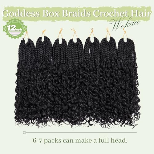 Goddess Box Braids Crochet Hair for Woman 12 Inch 7 Packs Short Pre-looped Crochet Box Braids Curly Ends Bohemian Hippie Braid Synthetic Braiding Hair Extension (1B)