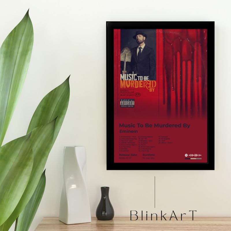 Image of BLINKART Eminem- Music To Be Murdered By Wall Photo Frames | Wall Art for Bedroom, Living Room, Studio or Office | Album Cover Print with Spotify Song Link QR Code | Gift for Fans - 8x12 In