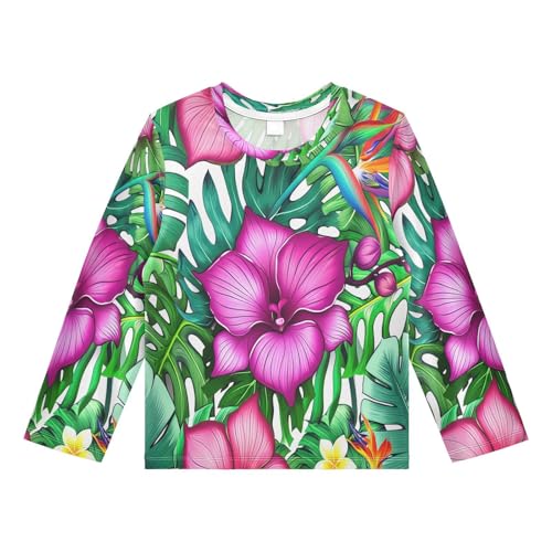 DOMIKING Monstera Red Flowers Boys Long Sleeve Rashguard Shirt Kids Quick Dry Swim Shirt for Kids Toddlers 11-12T