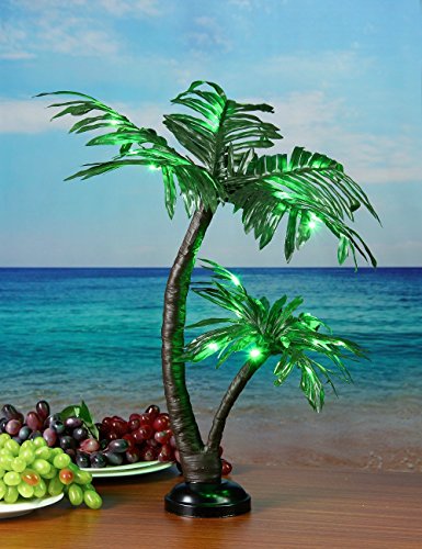 LIGHTSHARE 24Inch Twins Palm Tree Bonsai 25LED Lights,Green Light,Battery Powered or Plug-in Adapter
