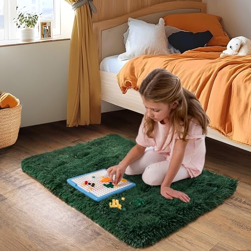 Small Area Rug, 2x3 Rug for Bedroom Shaggy Throw Rugs for Dorm Rug, Soft Shag Carpet for Kids Room, Plush Comfy Fluffy Bedside Rug for Home Decor Aesthetic, Blackish Green