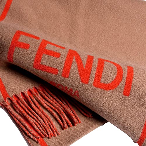 Fendi Roma Cashmere Scarf Beige Orange Logo Fxt322 #TOP6
