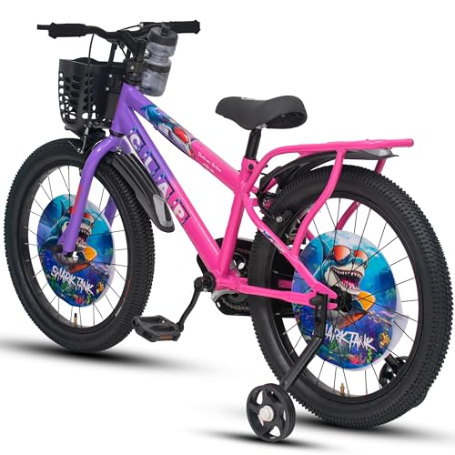 Image of Shark Tank 20T Kids Bicycle for Boys & Girls with Inbuilt Carrier, Front Basket, PU Soft Seat, Full Chain Cover & Stylish Wheelcards (Purple /Pink)