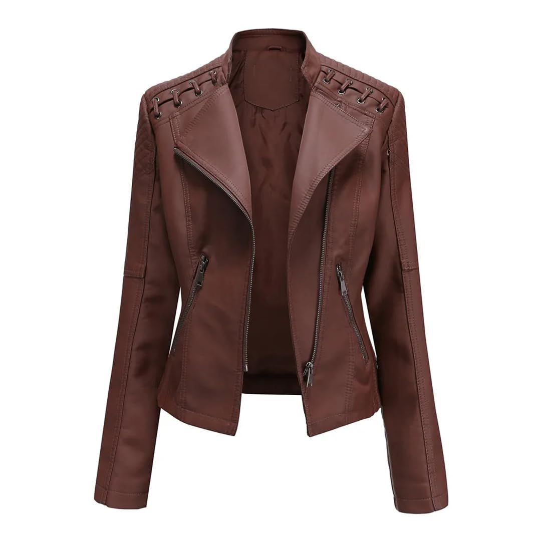 Cappotto alla moda da donna in ecopelle con cerniera per motociclista autunnale