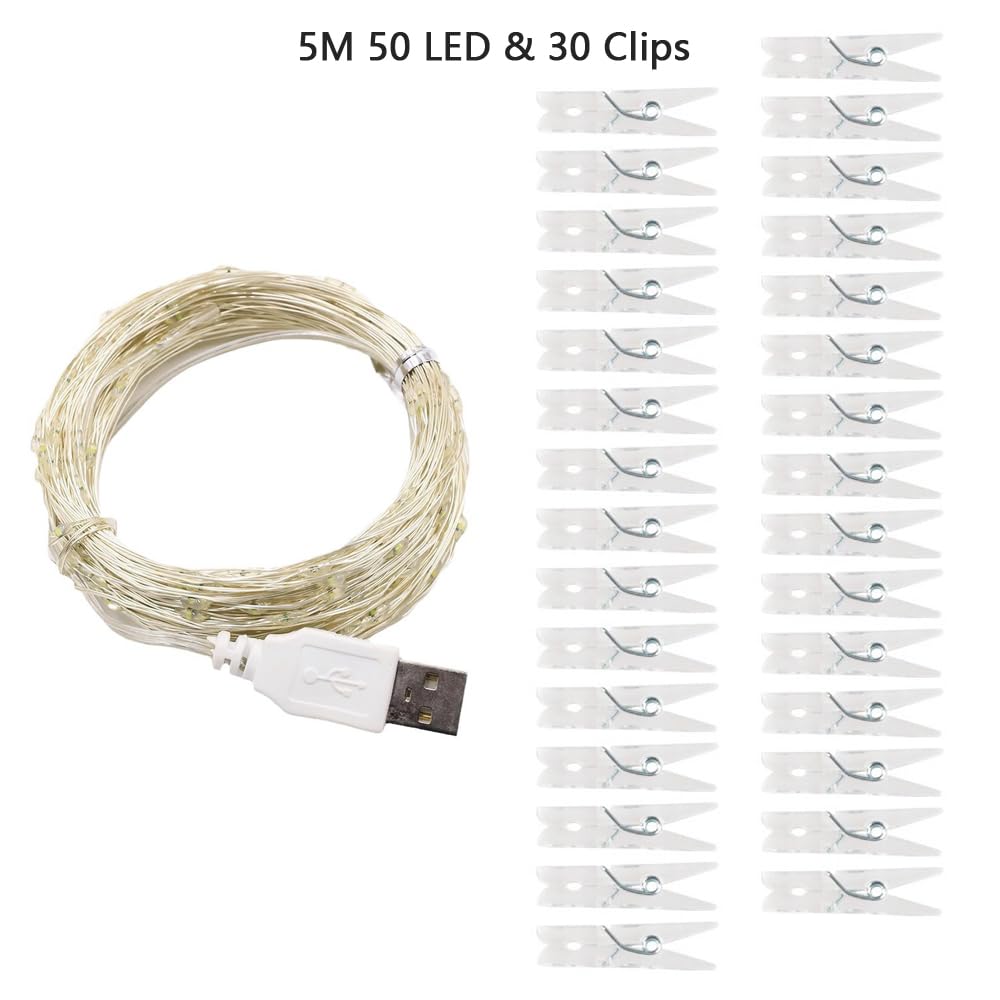 MUCHER Photo Clip String Lights 50 LED USB Photo Peg Fairy Lights 5M Indoor Outdoor Lighting Copper Wire Light with 30 Clips for Bedroom Wedding Decor - Image 2