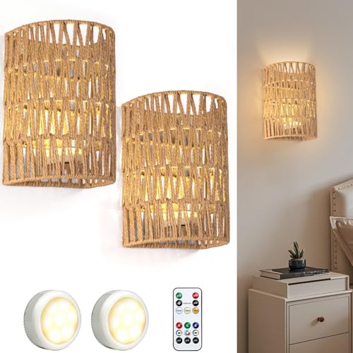 Image of FINCMY Boho Wall Decor Battery Operated Wall Sconce Set of 2, 18 RGB Colors Wall Lights Changeable Dimmable Wireless Wall Sconces for Bedroom Living Room Hallway, Natural Hemp Rope Boho Decor