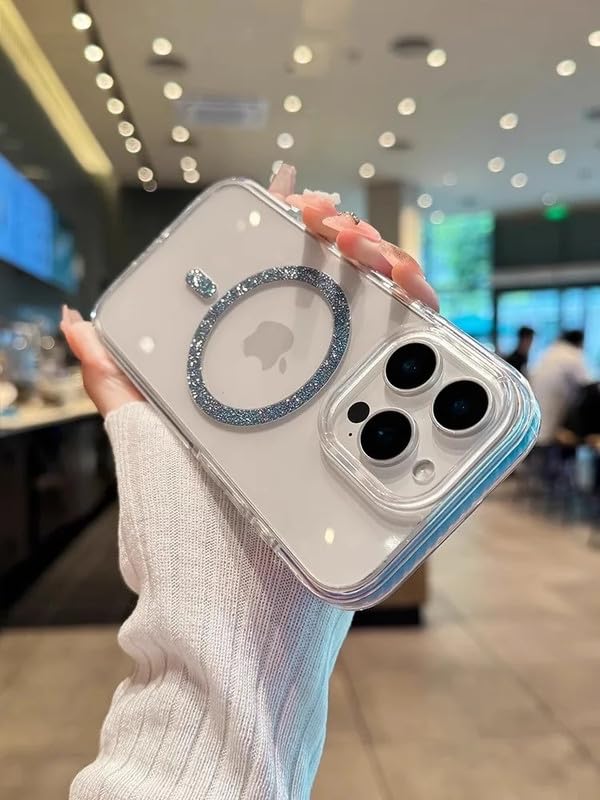 Image of COVERLY Minimalist Magnetic Glitter for iPhone 15 Pro Max Case,Clear Crystal Bling Phone Case [Compatible with Mag-Safe] Shockproof Cute Women Girl Protective Cover for iPhone 15 Pro Max, Blue Shimmer