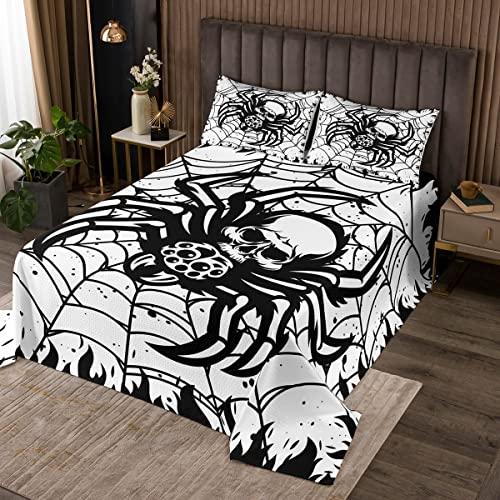 Juego de ropa de cama de 3 piezas con diseño de calavera de azúcar y araña, color blanco y negro, 3 piezas, decoración gótica de animales de la muerte, juego de edredón de llama negra, 2 fundas de