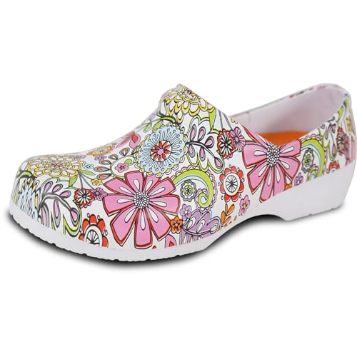 VANGELO Women Professional Slip Resistant Clog Waterproof Nurse Shoe Safety Work Shoe Chef Shoe NIKO Removable Insole Flower-1 Size 9
