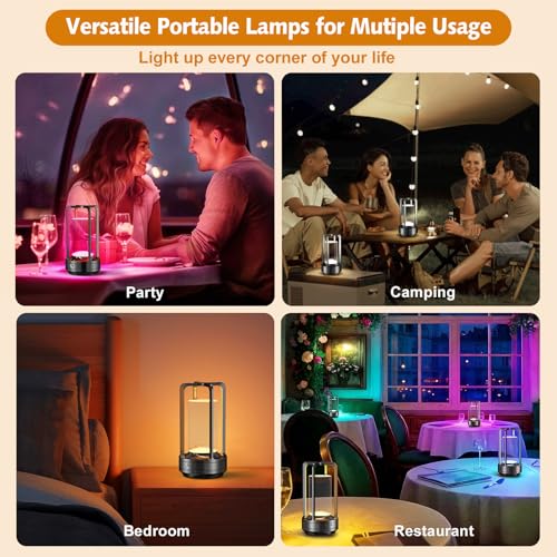 Image of Portable Table Lamp for Outdoor Indoor: Cordless Rechargeable Desk Lamp with 10 Colors - Shower Lamp with Stepless Dimmable - Metal Battery Operated Lantern Light for Bedroom /Bar /Coffee Shop /Camping