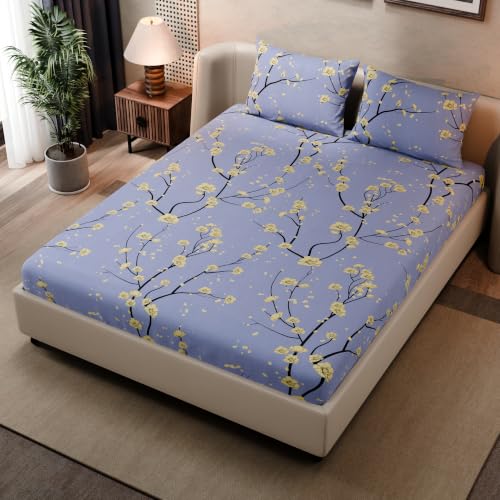 Image of BLISSHOME SoftTouch 140TC Cotton King Size Fitted Bedsheet with 2 Pillow Covers, Silky Smooth Bedding Set, Breathable, Easy Maintain, Floral Print - Lavender, Yellow (182cm x 198cm x 25cm Drop)